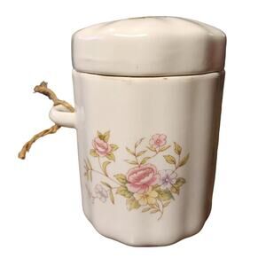 F.T.D.A. Sugar Bowl & Lid White Flowers Porcelain Slot For Spoon VTG circa 1988